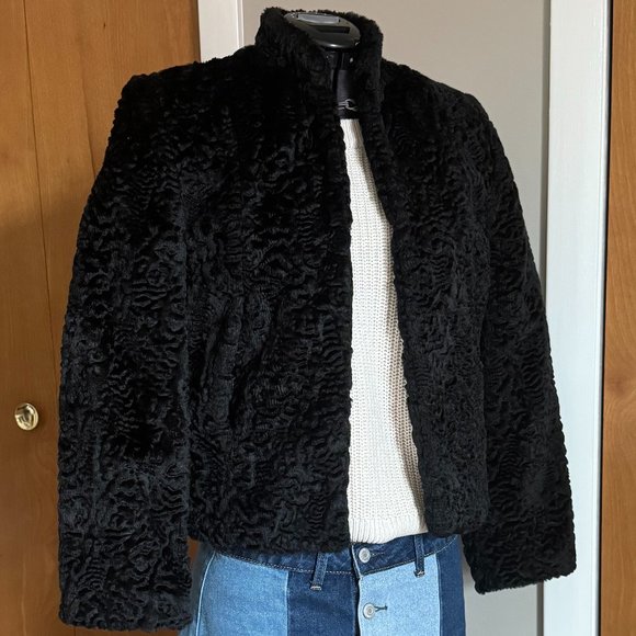 XS S Faux Persian Lamb Jacket Long Sleeve Stand Collar New Lining 1940s 1950s - Picture 1 of 13
